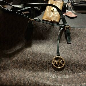 Michael Kors Brown Tote with Black Straps and Gold Charm